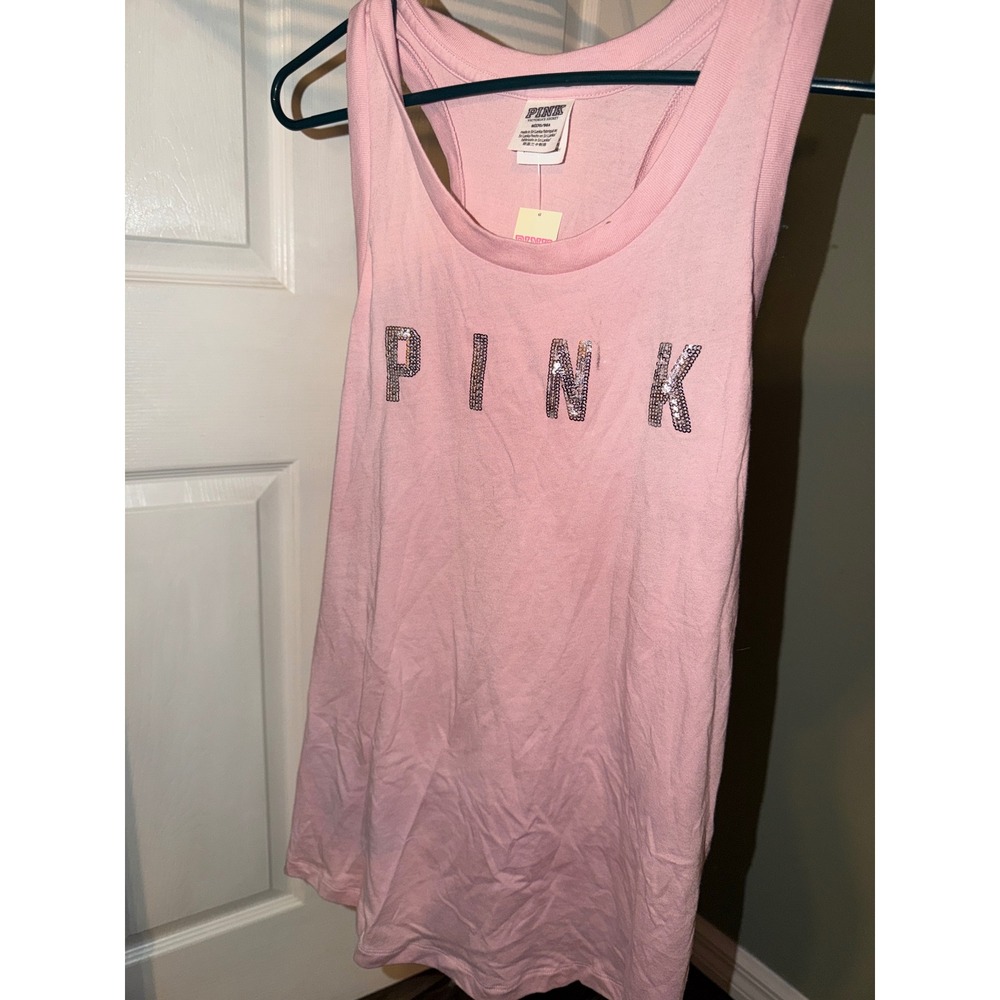 PINK Victoria's Secret Sequin Logo Racerback Tank Top Pink Medium NWT